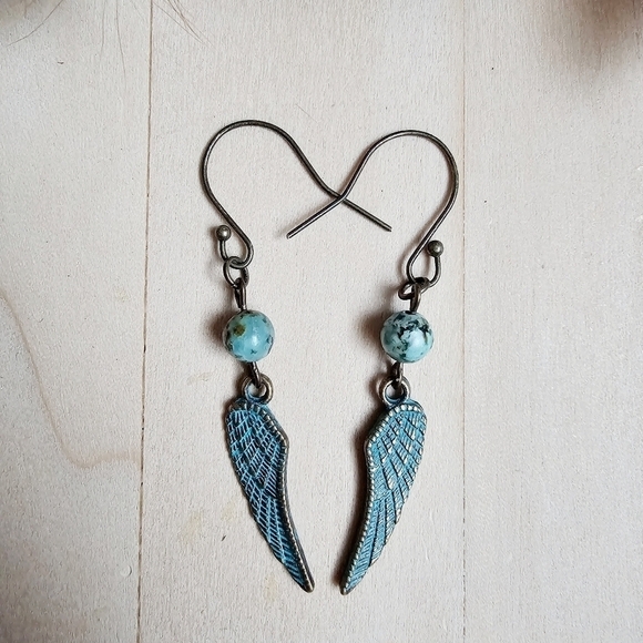 African Turquoise Wing Dangle Earrings Natural Handcrafted Western Boho New - Picture 4 of 6